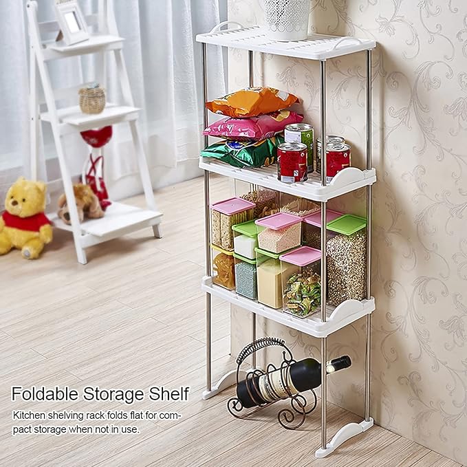 Storage Shelf Rack, Foldable Expandable Organizer Stand Holder for Kitchen Bathroom Cabinet Pantry Office Laundry Space Saving Storage Solution