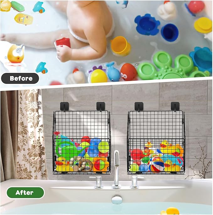 Greentainer 2 Pack Bath Toy Storage Organizer, Large Rustproof Metal Wire Basket, Foldable Wall Mounted Hanging Bathtub Toy Holder with Drainage, No Drill Adhesive Shower Caddy for Bathroom Tub
