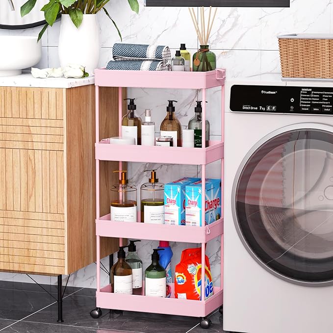 SPACEKEEPER Storage Cart 4-Tier, Bathroom Rolling Cart Utility Storage Organizer Shelf Mobile Shelving Unit for Kitchen Living Room Bathroom Laundry Room & Dressers, Pink