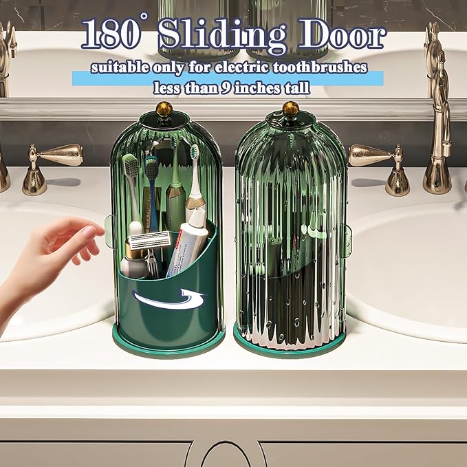 Dustproof Toothbrush Holders with Cover, Rotating Electric Toothbrush and Toothpaste Holder for Bathroom Countertop, 3 Slots Makeup Brushes Organizer, All Green