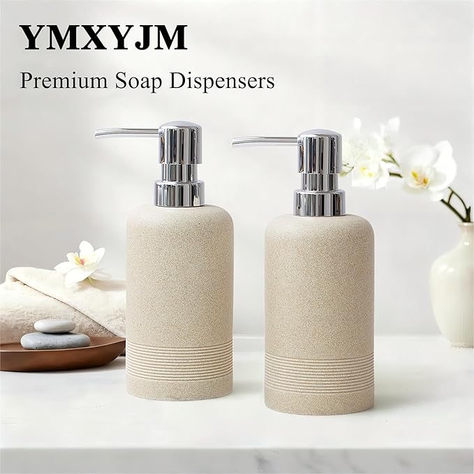 YMXYJM Resin Soap Dispenser Sets, 2 Pcs Heavy Lotion Dispensers,10.8oz Refillable Liquid Soap Dispensers with Rust-Proof Pump for Bathroom Countertop or Kitchen, Stone Beige