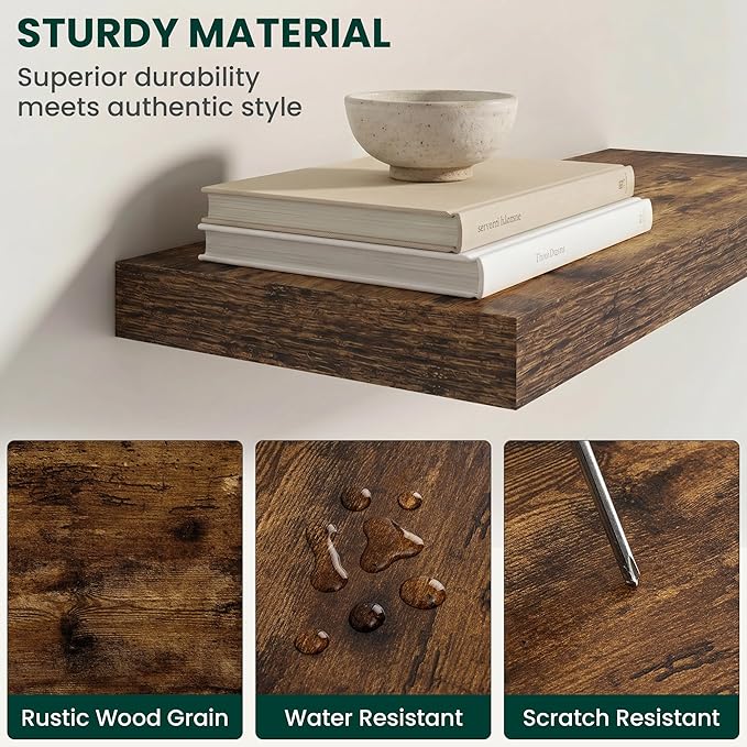 Floating Shelves for Wall 48 in x 9.3 in Deep, Wall Mounted Rustic Wood Shelf with Invisible Brackets for Storage & Display, Living Room Bedroom Bathroom, Brown, 2 Pack
