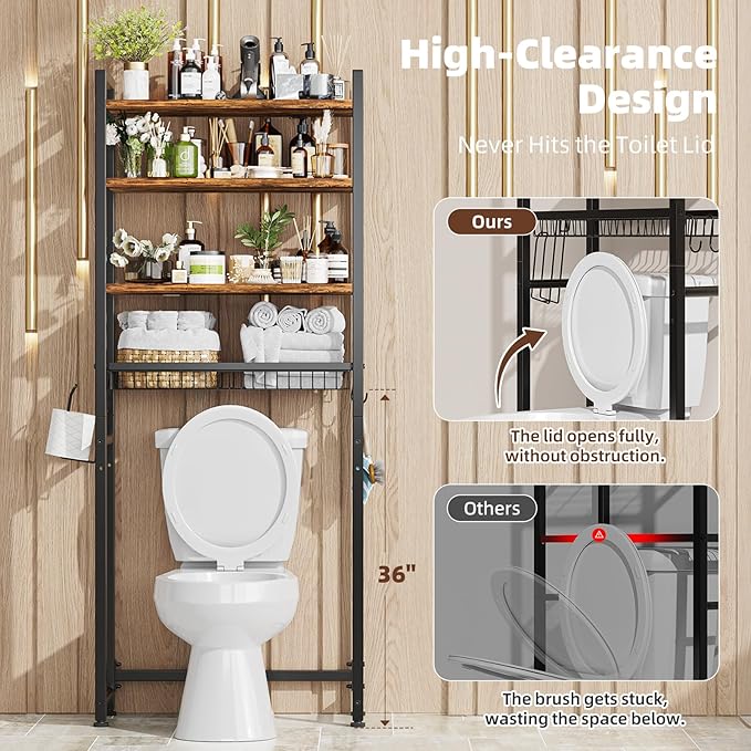 Ekisemio Over The Toilet Storage Rack, 4 Tier Over Toilet Shelf with Adjustable Feet, Freestanding Bathroom Organizer with Wooden Shelves, Hooks, Paper Holder, Vintage Brown