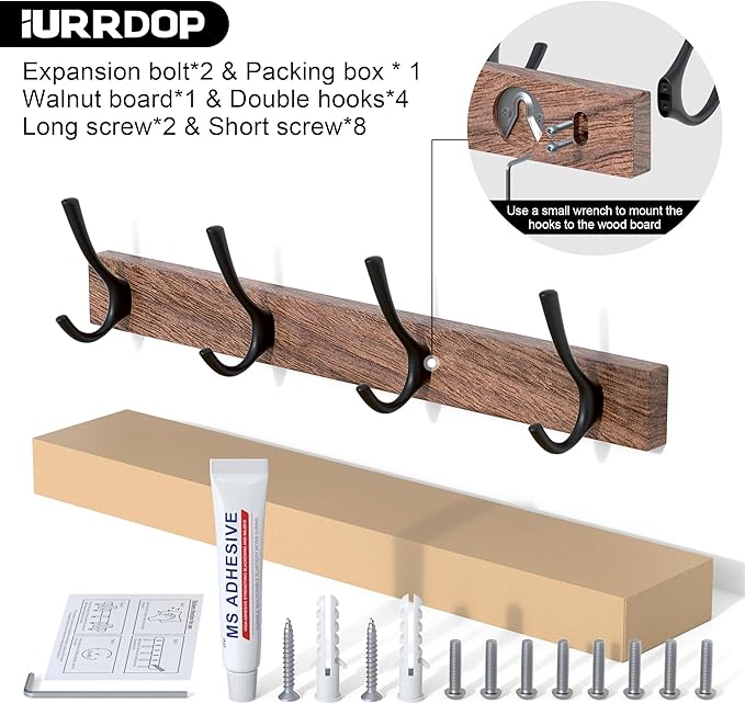 17 Inch Walnut Wood Wall Mounted Coat Rack with 4 Black Double Hooks, Adhesive Mounted Entryway Hooks, Modern Natural Wooden Pegs for Hanging Coat Clothes Hat Bag Purse Key and Towel