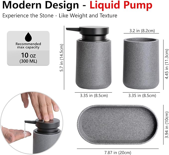 Clasin Home 3 Pcs Bathroom Accessories Set, Liquid Soap Dispenser with Large Pump, Toothbrush Holder Cup and Soap Dish, Sandstone Texture Bathroom Counter Set for Modern Home (Gray)
