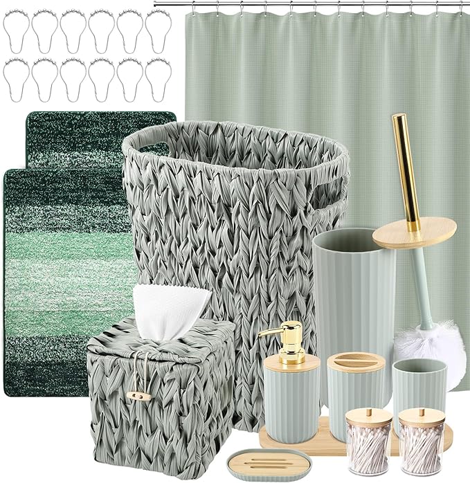Bathroom Accessories Set, 25PCS Wicker Bathroom Accessory Set with Shower Curtain, Bath Mat, Soap Dispenser, Handwoven Trash Can & Ratten Tissue Box ((Sage Green, Bath Set+Shower Curtain+Rugs)