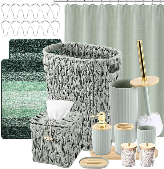 Bathroom Accessories Set, 25PCS Wicker Bathroom Accessory Set with Shower Curtain, Bath Mat, Soap Dispenser, Handwoven Trash Can & Ratten Tissue Box ((Sage Green, Bath Set+Shower Curtain+Rugs)
