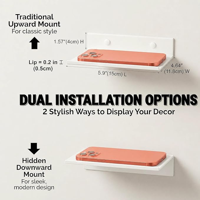 Z metnal Small Floating Shelves, Renter Friendly Mini Metal Display Shelf for Collection Action Figures, Aluminum, Adhesive & Wall Mounted, White, 6 inch, 2 Pack