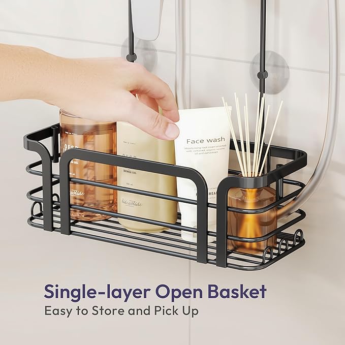 SWTYMIKI Shower Caddy Hanging Organizer - Over the Door Shower Caddy with 6 Hooks, 2 Installation Ways, Stainless Steel Rustproof Bathroom Organizer, Black