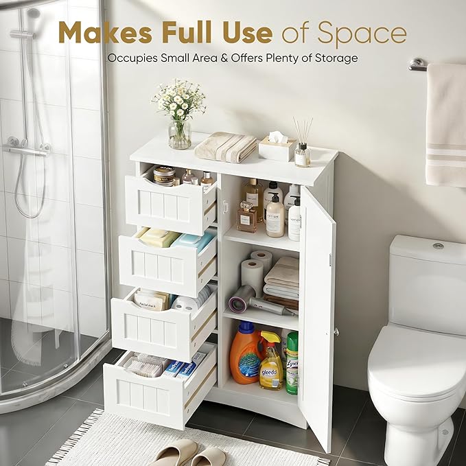 ZENY Bathroom Floor Storage Cabinet, Side Storage Organizer with 4 Drawers and 1 Cupboard, Adjustable Shelf Freestanding Entryway Storage Unit for Living Room/Bathroom (White)