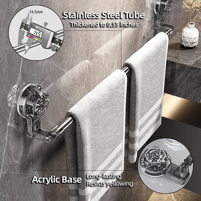 Adjustable Suction Cup Towel Rack, 11.8-23.6 Inch Extendable Towel Bar for Bathroom, Rustproof Telescopic Towel Hanger Wall Mounted Without Drilling, Strong Hold Shower Towel Storage