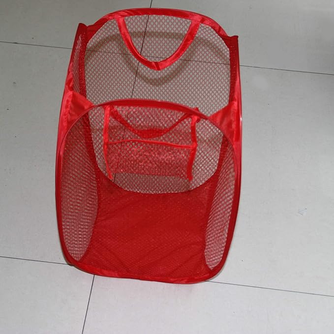 Portable Pop-Up Mesh Laundry Hamper With Pocket Baby Clothes Basket Sorter Small Camper Hampers For Organized Items Red