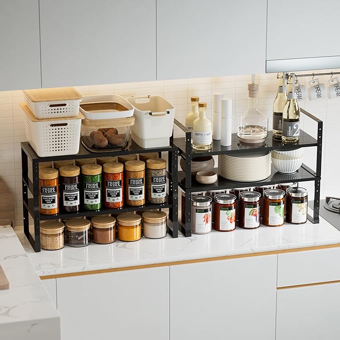Jojocross Expandable,Stackable Spice Rack,Seasoning Organizer and Storage,Spices Jar Racks for Cabinet,Countertop, Metal Pantry, Cupboard,Laundry Storages,Heavy Duty(2 PACKS/LARGE/BLACK)