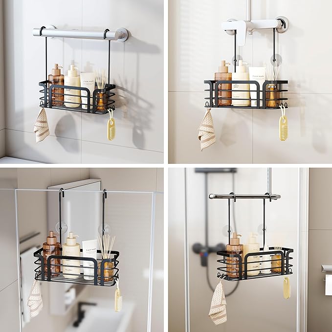 SWTYMIKI Shower Caddy Hanging Organizer - Over the Door Shower Caddy with 6 Hooks, 2 Installation Ways, Stainless Steel Rustproof Bathroom Organizer, Black