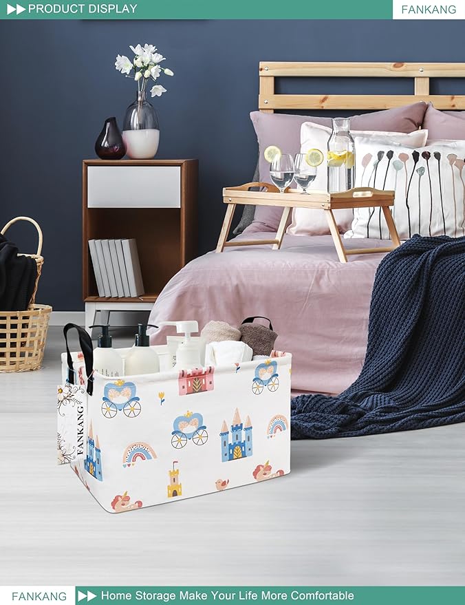 Storage Bins, Nursery Hamper Canvas Laundry Basket Foldable with Waterproof PE Coating Large Storage Baskets for Kids Boys and Girls, Office, Bedroom, Clothes,Toys(Rec-castle carriage ）