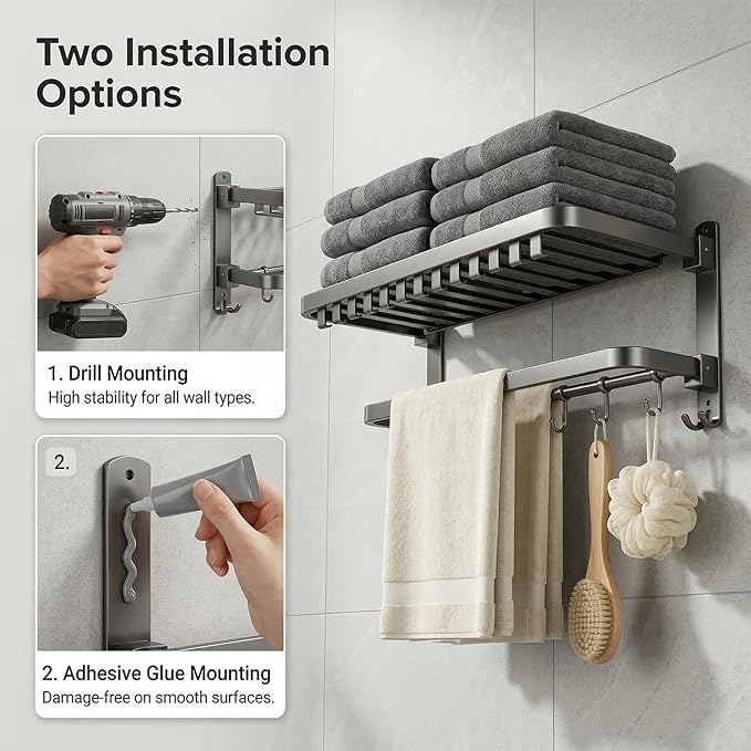24 inch Towel Rack for Bathroom Wall Mounted, 2 Tier Foldable Bathroom Shelf with Tower Bars, Sturdy&Durable Aluminum Bath Towel Holder Lavatory Storage Organizer