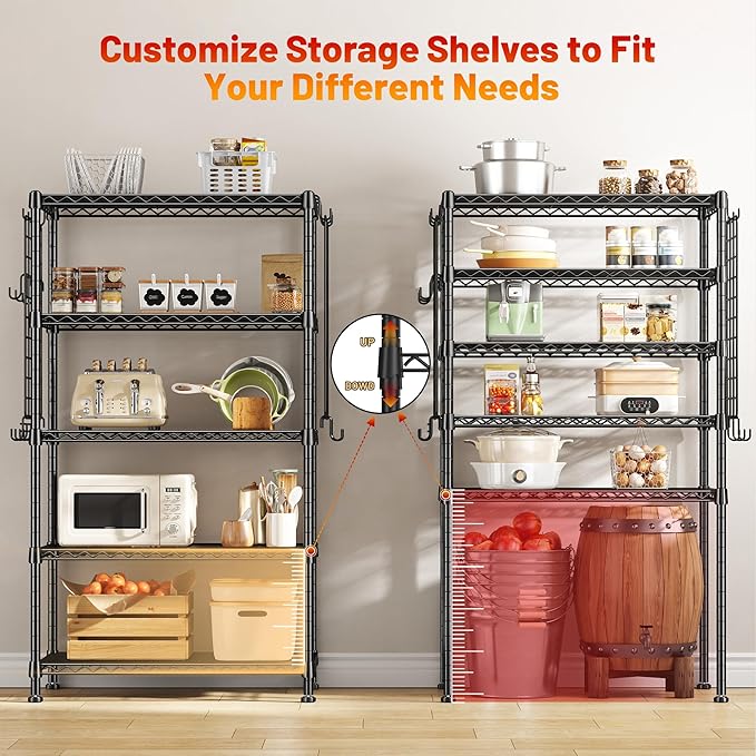 DurayLoly Storage Shelves with Hooks, Metal Shelving 5 Tier Adjustable, 2 Side Panels, Shelving Unit Easy Assemble, Storage Rack 530LBS, Wire Shelving for Kitchen, Pantry, 29.5" W x 11.8" D x 59.1" H