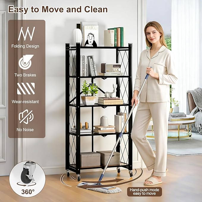 5 Tier Folding Shelf with Wheels, Wood and Metal Bookshelf, no Assembly Foldable Storage Shelves, Vintage Storage Rack for Living Room, Bedroom, and Home Office