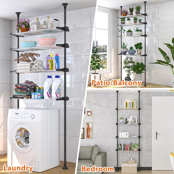 4-Tier Over The Toilet Storage Shelf, 4.5-9.5 FT Adjustable Bathroom Organizer, Heavy Duty Metal Shelves Above Behind Toilet Laundry, Space-Saving Shelving for Small Rooms, No Drill Tenant Friendly