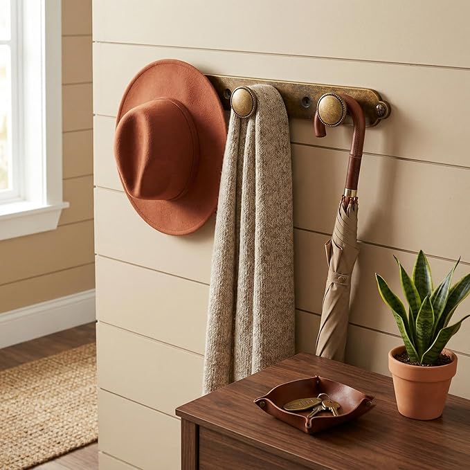 Goo-Ki Antique Brass Coat Rack Wall Mount, Heavy Duty Zinc Alloy Wall Mounted Coat Hooks with Keelplate Backplate, Vintage Hat and Towel Hanger Rail for Entryway, Bathroom and Mudroom (3 Hooks)