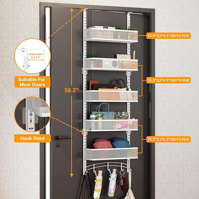 Space-Saving Over The Door Organizer with 5 Adjustable Baskets & 5 Hooks, Metal Wall Mount Storage Rack, Behind The Door Storage for Bathroom, Kitchen, Pantry, Laundry Room (White)