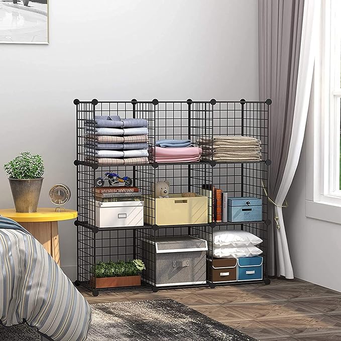 C&AHOME Wire Cube Storage - 9-Cube Organizer, Metal Grids, Modular Bookshelf, Closet Cabinet, Ideal for Home, Living Room, Office - 36.6'L x 12.4'W x 48.4'H Black