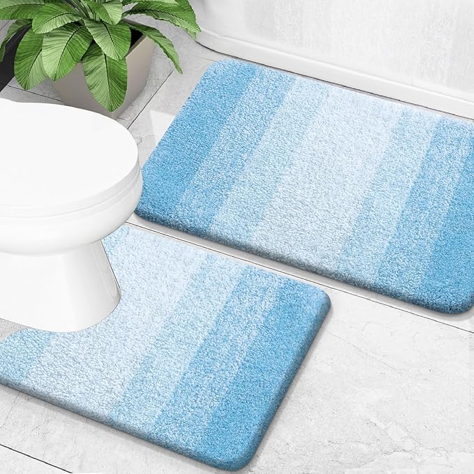 OLANLY Bathroom Rug Set 2 Piece, Soft Absorbent Microfiber Bath Mats and U-Shaped Contour Toilet Rug, Non-Slip, Machine Wash Dry, Plush Shaggy Bath Mats for Bathroom (24"x16"+24"x20", Sky Blue)