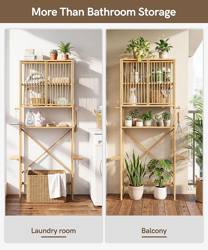 Afuly Bamboo Over the Toilet Storage Cabinet with Doors Bathroom Shelves Over Toilet Organizers and Storage, Above Toilet Shelf with Paper Holder, Phone Stand and Hooks, Space Saver (Natural)