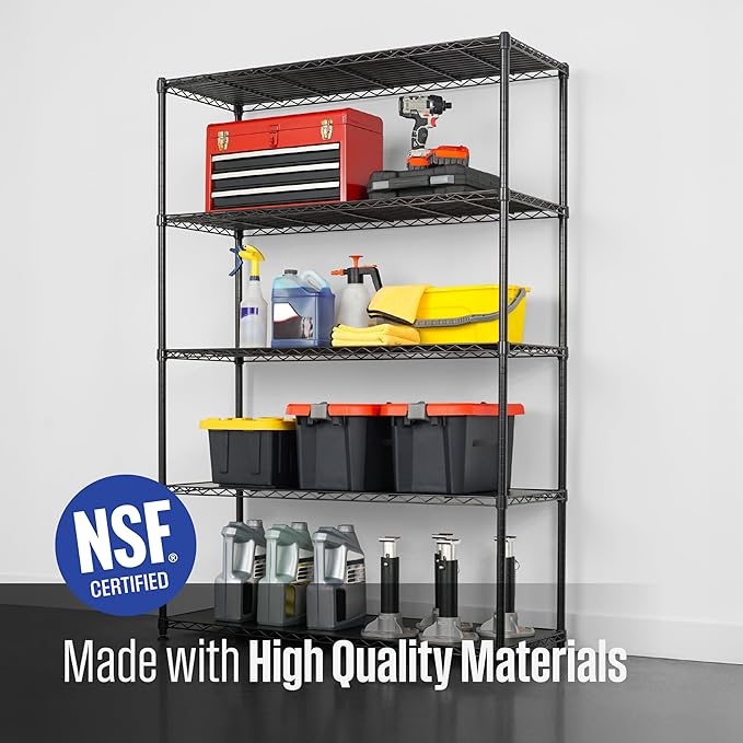 SafeRacks - NSF Certified Storage Shelves, Zinc, Heavy Duty Steel Wire Unit with Adjustable Feet, Garage or Bakers Rack, Kitchen, Pantry Shelf - (48"x18"x72" 5-Tier) (Black)