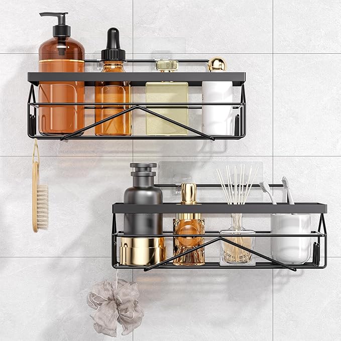 Adhesive Stainless Steel Shower Caddy Shelf Organizer - Renter-Friendly Bathroom Storage (Matte Black 2PCS)