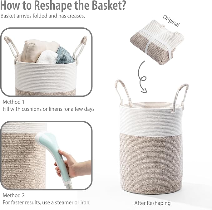 Laundry Basket – Laundry Hamper for Clothes, Blankets, Yoga Mat – Woven Cotton Rope Basket for Living Room, Nursery Room – Boho Style – 16”D x 22”H – White & Beige Brown