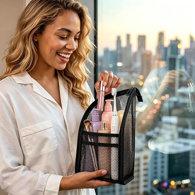 Standing Toiletry Bag, Lightweight Portable Travel Toiletry Bag, EVA Foldable Clear Hanging Makeup Bag, Breathable Cosmetic Organizer for Travel & Bathroom (Pink and Black)