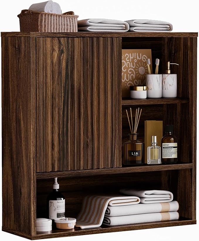FerniTry Farmhouse Bathroom Wall Cabinet Fluted,Medicine Cabinet Over The Toilet Storage Cabinet with Adjustable Shelf, Wood Wall Mounted Storage Cabinet Organizer 23.2Wx24Hx7.6D (Dark Walnut, Medium)