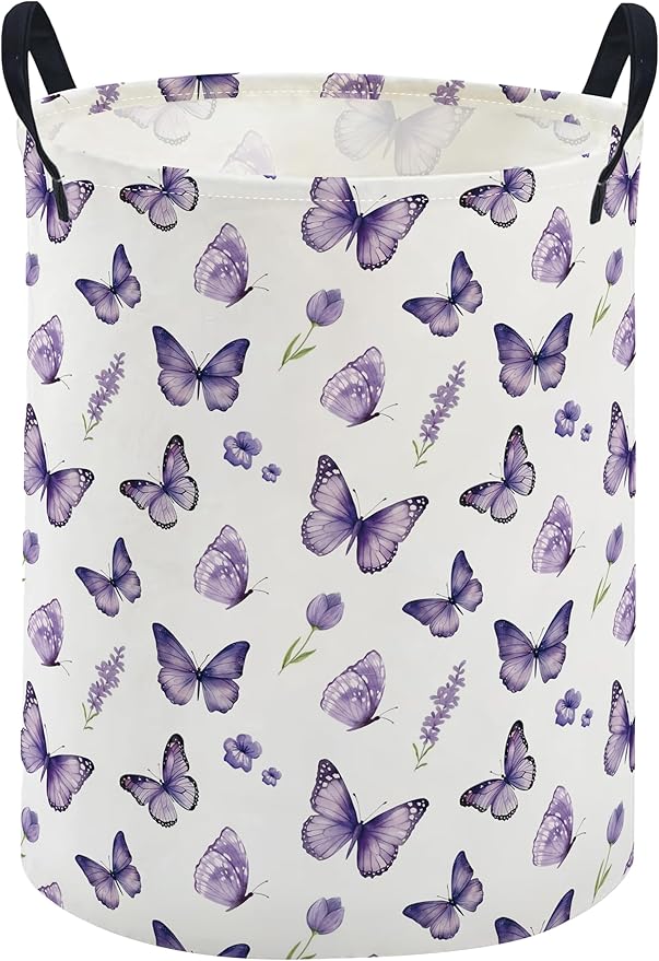 ESSME Kids Laundry Basket,Butterfly Hamper Collapsible Canvas Waterproof Storage Bin for Girls, Cute Hamper,Gift Baskets(Purple butterfly)