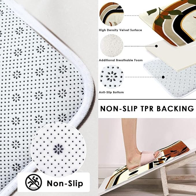 Boho Mid Century Shower Curtain Set with Toilet Lid Cover and Non-Slip Rugs, Cute Aesthetic Abstract Leaves Geometric 4 Pcs Modern Minimalist Shower Curtain for Bathroom Set with 12 Hooks