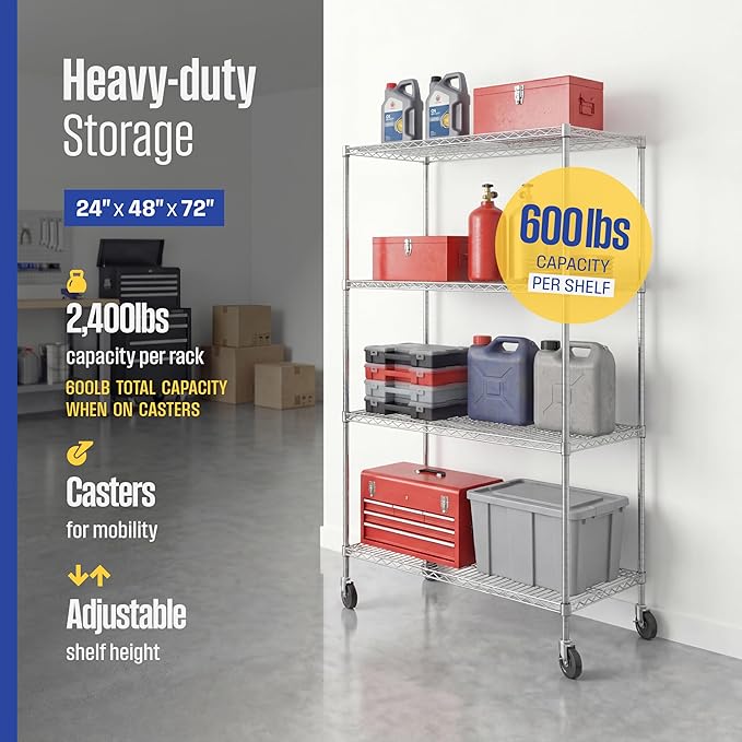 SafeRacks - NSF Certified Storage Shelves, Zinc, Heavy Duty Steel Wire Unit with Wheels and Adjustable Feet, Garage or Bakers Rack, Kitchen, Pantry Shelf - (24"x48"x72" 4-Tier) (Silver)