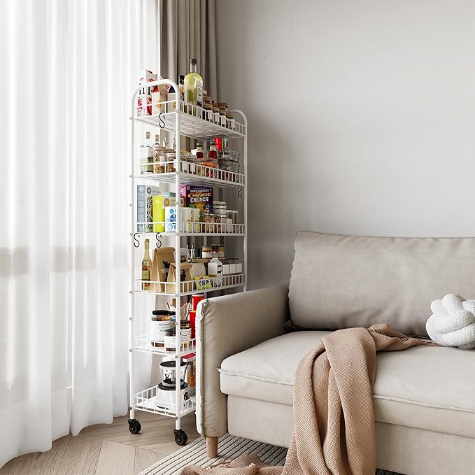 6 Tier Slim Rolling Storage Cart with Wheels, Metal Mobile Shelving Unit Organizer Utility Cart for Office Bathroom Kitchen Laundry Room Narrow Places (White 10 Inches)