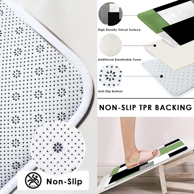 Sage Green Geometric Shower Curtain Set with Toilet Lid Cover and Non-Slip Rugs for Bathroom, Black Grey White Checkered 4 Pcs Shower Curtain, Modern Abstract Bathroom Set with 12 Hooks