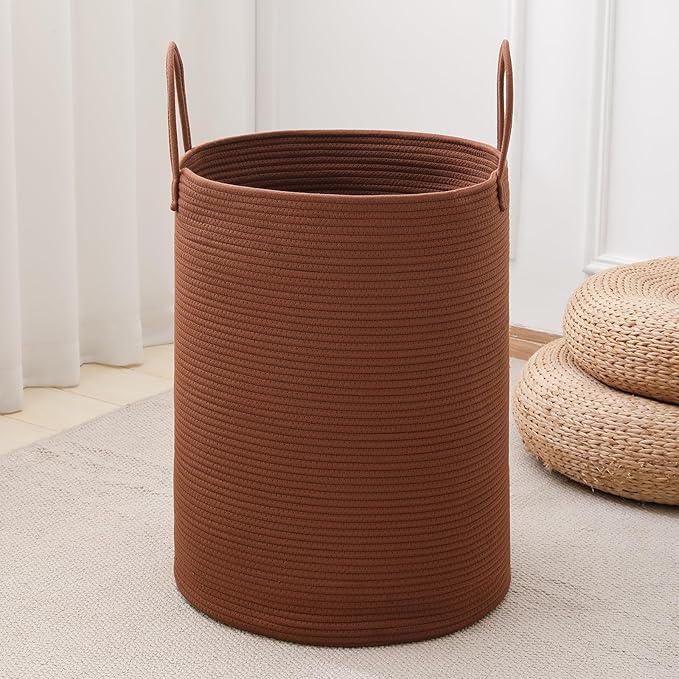Laundry Basket Hamper Tall Rope Storage Woven for Blanket toys Dirty Clothes in Living Room Bathroom Bedroom (Dark Brown, 100L/26.4Gal)