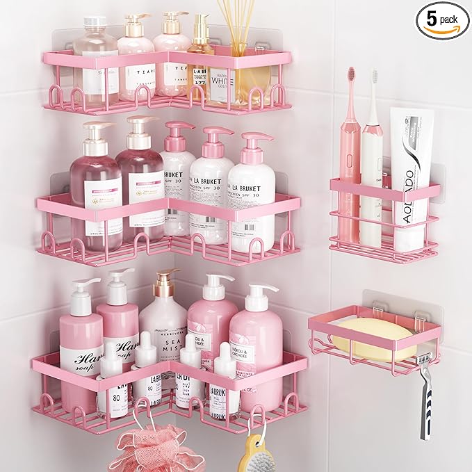 Liuoud Corner Shower Caddy 5 Pack, Rustproof Stainless Steel Shower Organizer with Soap Rack Toothbrush Holder, Large Capacity Adhesive No Drilling Bathroom Kitchen&Home Decor Set, Pink