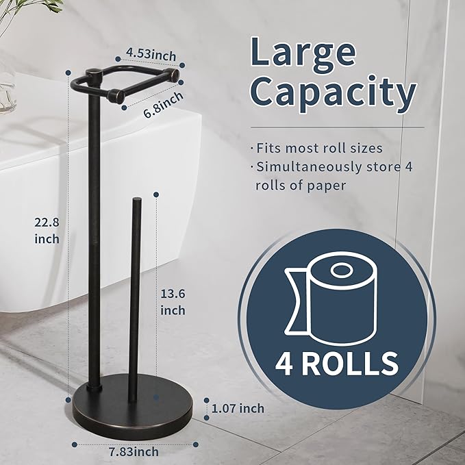 RARXTR Toilet Paper Holder Stand, Post Pivoting Design Free Standing Toilet Paper Holder with Storage for 4 Rolls, 304 Stainless Steel Tissue Holder with Reserve, Heavy-Duty Base (Oil Rubbed Bronze)