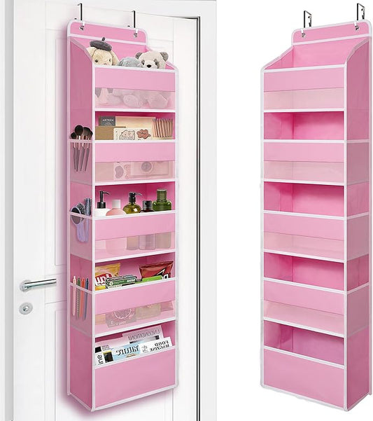 TYMENSH Over Door Organizer with 5 Large Pockets, Heavy Duty Hanging Organizer Storage, Closet Bathroom Nursery Bedroom Dorm, Toys Cosmetics Sundries and Baby Essentials, Pink