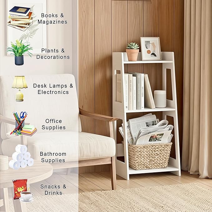 3-Tier Bathroom Ladder Shelf Freestanding, White Floor Shelves Open Shelving Unit, Small Bookshelf Nightstand for Home Study Laundry Room (11.0”D x 12.6”W x 26”H)