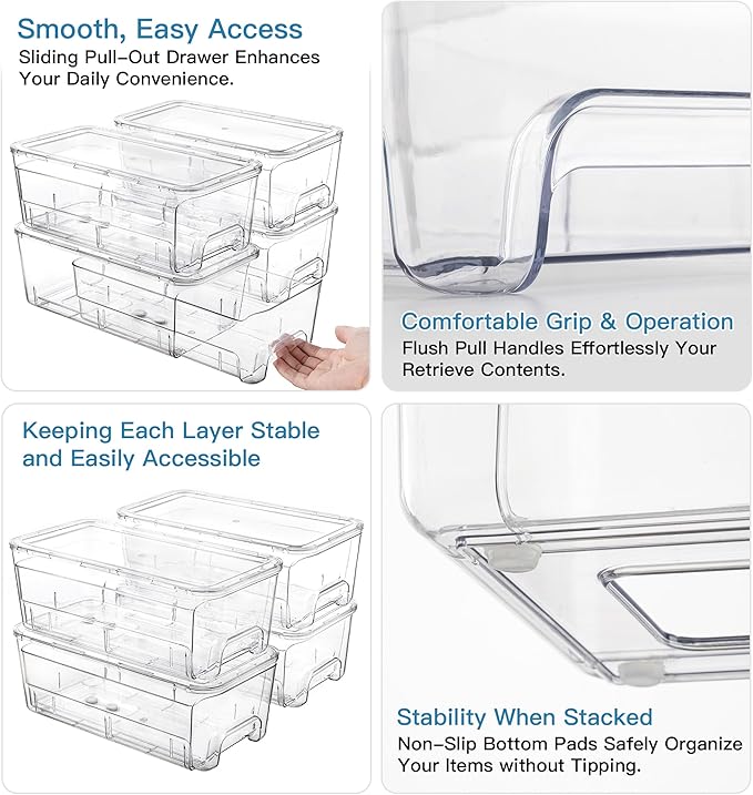 Audend Clear Stackable Storage Bins with Lids, 4 Pack Plastic Storage Containers with Handle for Pantry and Snack Organizers, Suitable for Kitchen, Bathroom, Fridge, Cabinet