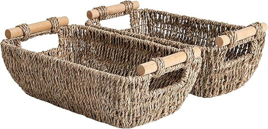 StorageWorks Small Baskets for Shelf, Seagrass Woven Basket with Wooden Handles for Gifts, 2-Pack
