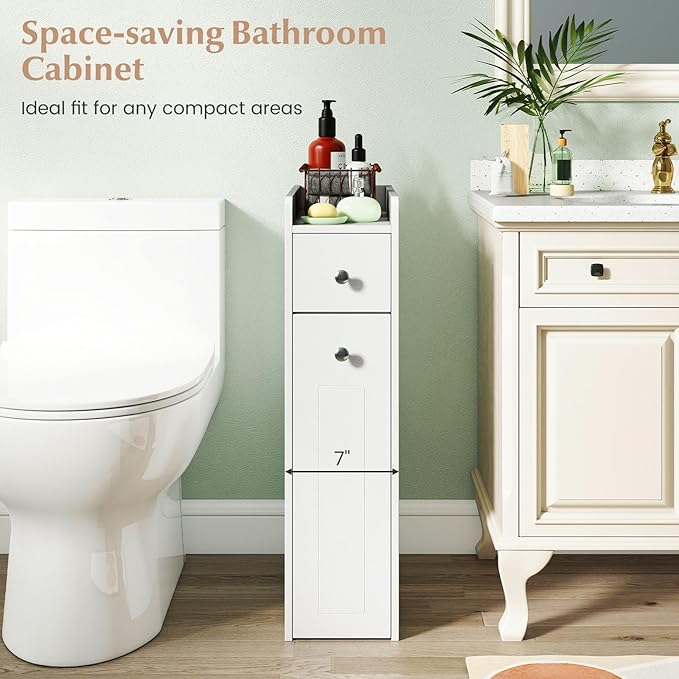 Giantex Slim Bathroom Storage Cabinet, Space-saving Toilet Side Cabinet with Slide-out Drawers on 3 Wheels, Freestanding Narrow Toilet Paper Holder for Living Room, Laundry Room, Compact Space (White)