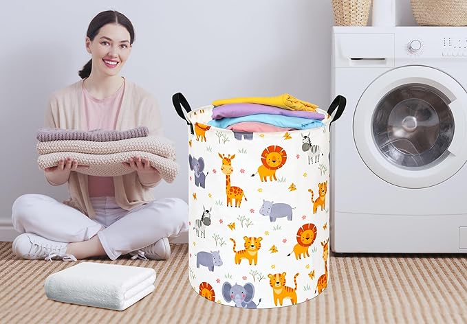 Round Lion and Tiger Pattern Laundry Hamper Clothes Storage Basket Fabric Storage Hamper Organization Storage Bin, Nursery Box,Gift Basket with Handles