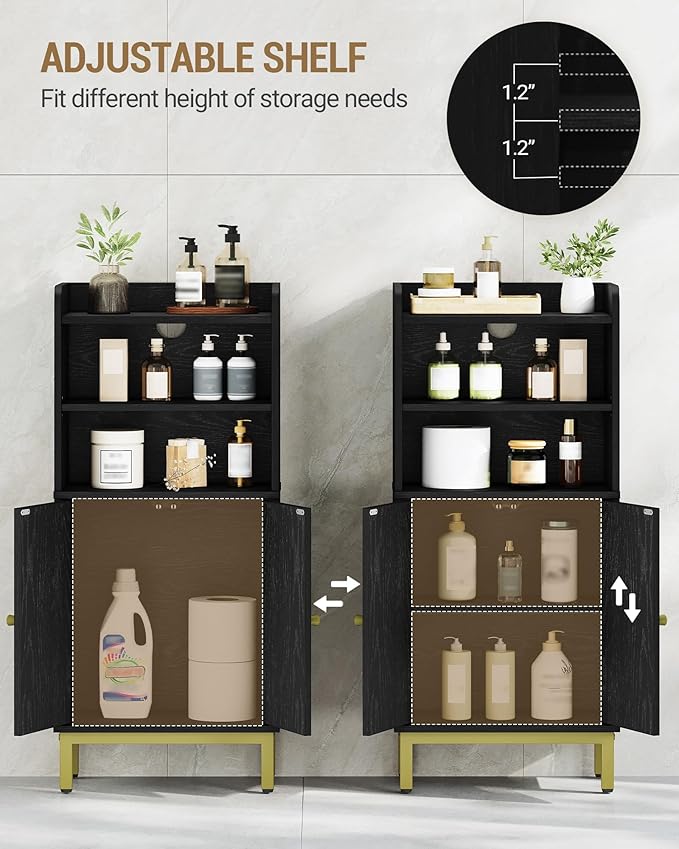 Hzuaneri Bathroom Storage Cabinet, Small Floor Cabinet with 2 Door and Shelves, Toilet Paper Cabinets, Bathroom Organizer with Adjustable Shelf, for Small Spaces Rattan Black 7.1" Dx14.6 Wx32.7 H