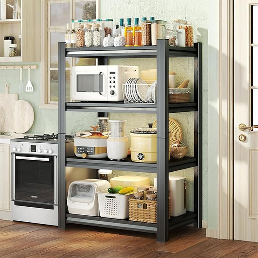 4-Tier Kitchen Shelf Organizer, Metal pantry shelves, Adjustable Storage Rack, Heavy Duty Metal Shelves for Pots, Pans, Bottles & Pantry Goods, Space-Saving, Black (63"H x 35.4"W x 11.8"D)