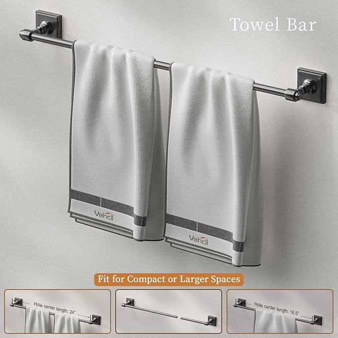 Matte Black Bathroom Towel Bar Set, 5 Piece Bathroom Hardware Accessory Set, SUS304 Stainless Steel 24" Towel Rack Holder Set for Bathroom, Wall Mounted
